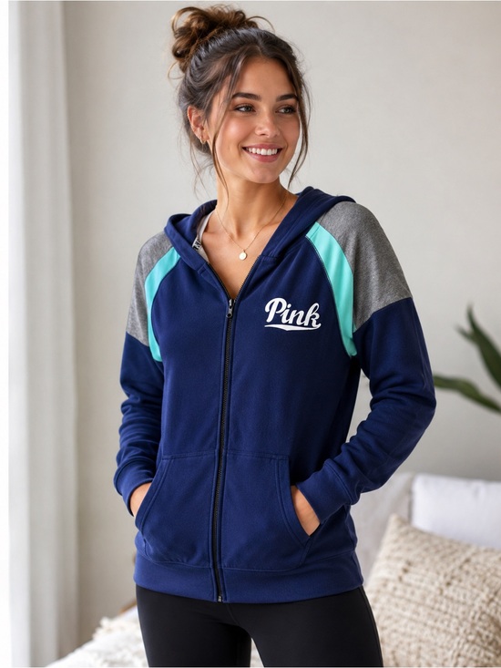 PINK Victoria's Secret Tops - PINK Victoria's Secret Navy Zip-Up Hoodie with Mint & Gray Accents